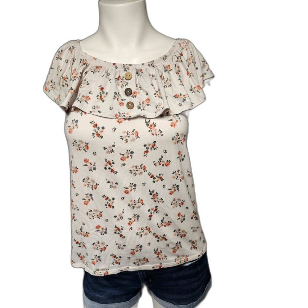 Discreet Floral Ruffle Off The Shoulder Top Medium Cream Ditsy Peasant Boho